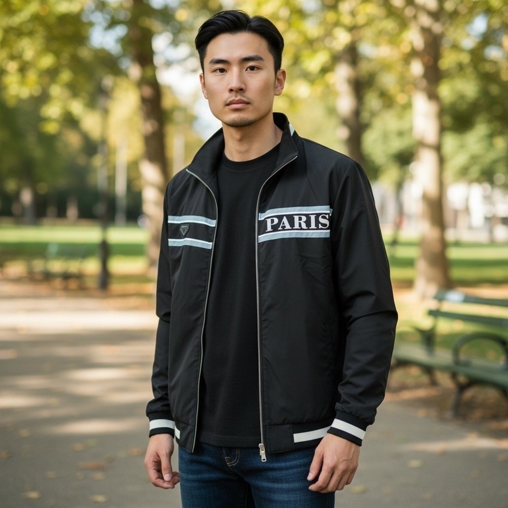Manfinity Men's Black Paris Graphic Lightweight Bomber Jacket Size L Zip Up NWOT